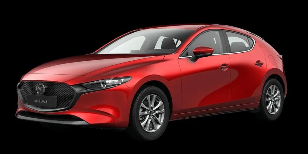 Mazda3 — hatchback roșu din față-lateral, pe fundal negru